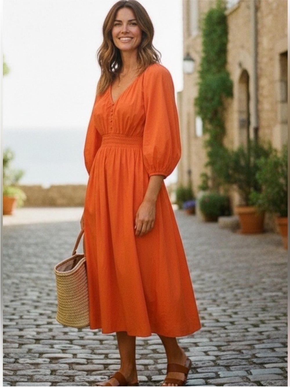 J. Crew Bright Orange V-Neck Smocked-Waist Midi Dress